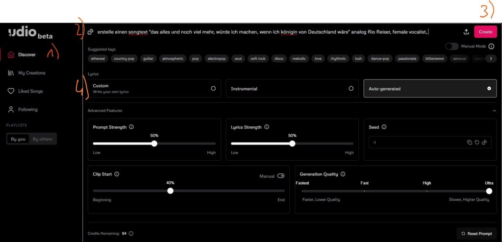 Einstellungen bei Udio.com zur Erstellung eines Songs