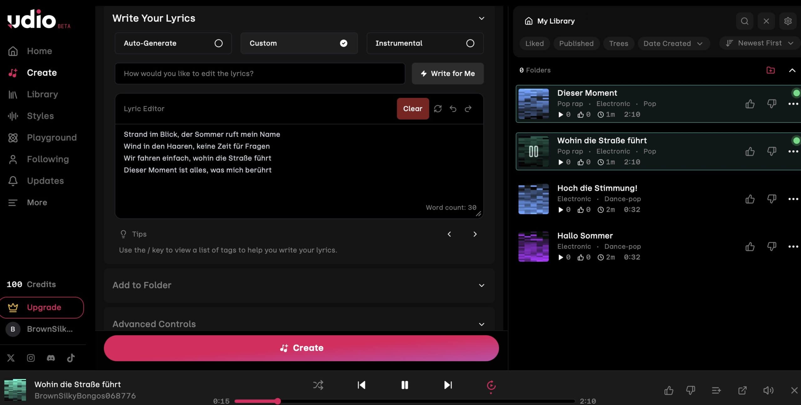 Udio-Interface mit Genre- und Lyrics-Auswahl für die Songgenerierung