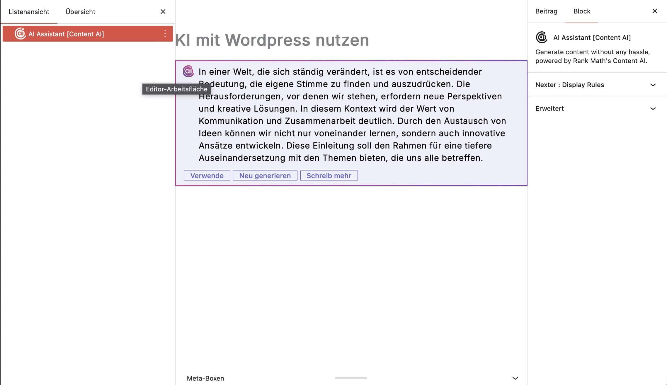 Rank Math AI Assistant im WordPress-Editor mit generiertem Textentwurf und den Buttons Verwende, Neu generieren, Schreib mehr