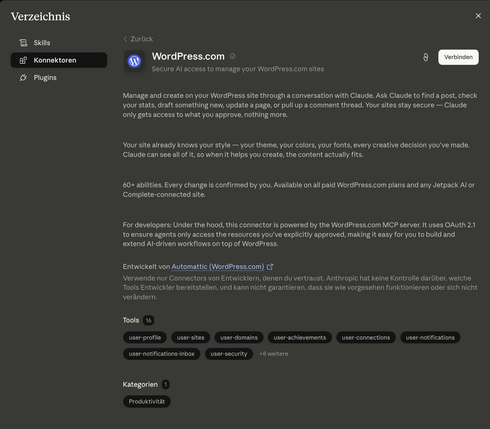 Anthropic Connectors Directory mit dem WordPress.com-Connector von Automattic, über 60 Abilities, gesichert über OAuth 2.1