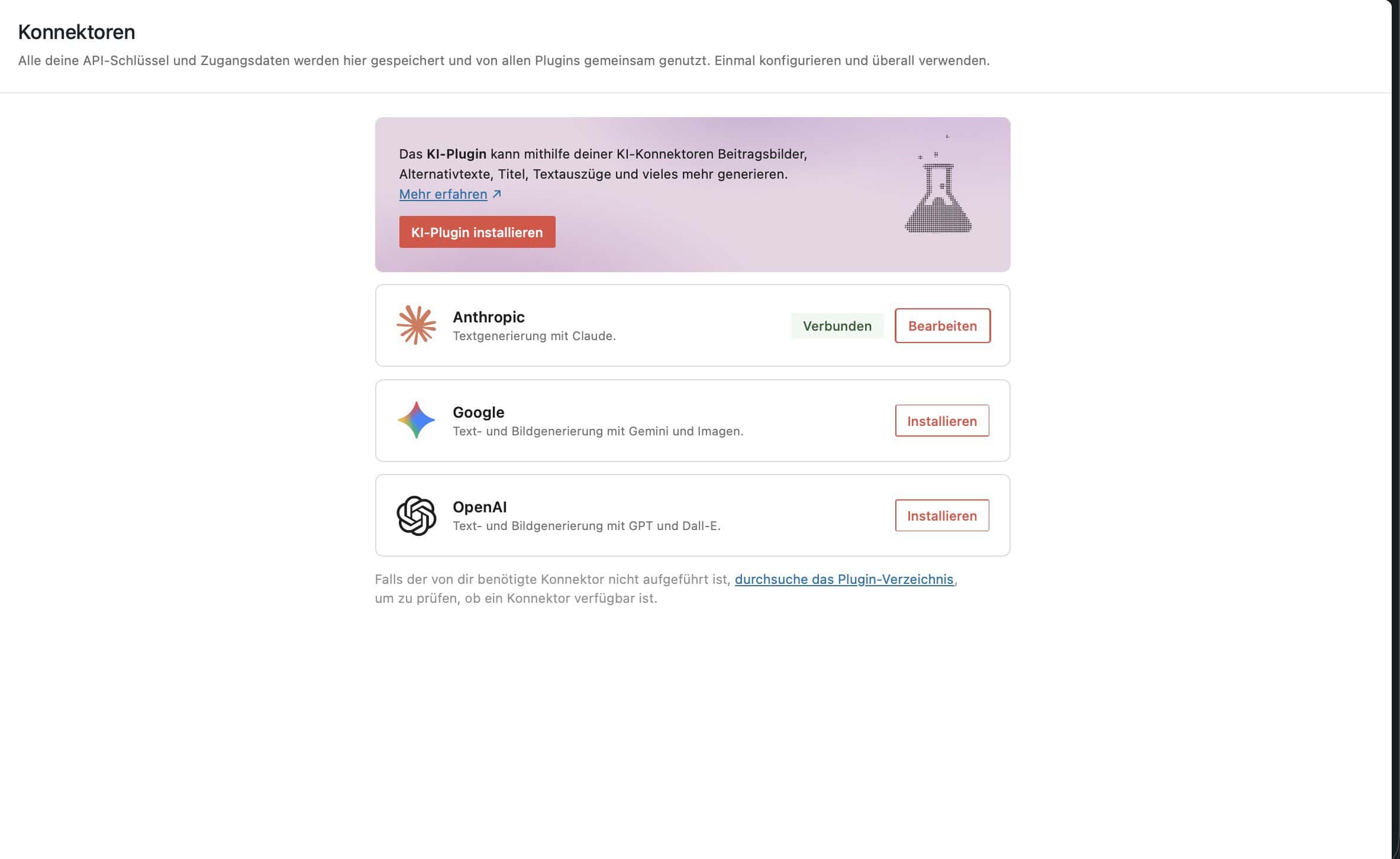 WordPress-Admin, Einstellungen Konnektoren, mit den drei Provider-Karten Anthropic, Google und OpenAI, API-Schlüssel zentral verwaltet