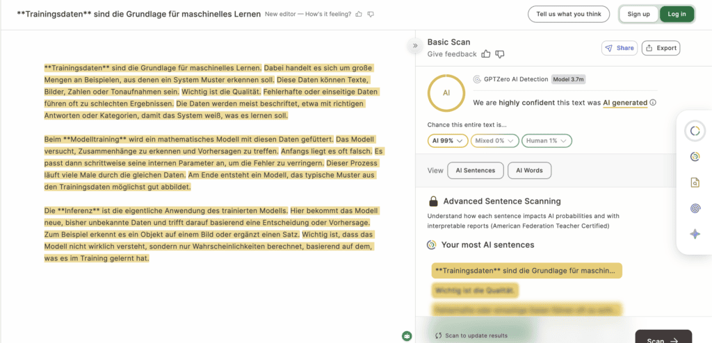 Screenshot einer Webseite, die einen deutschen Artikel über maschinelles Lernen und Daten anzeigt, mit hervorgehobenen Textabschnitten. Auf der rechten Seite zeigt eine KI-Scan-Zusammenfassung Vertrauenswerte und erkannte KI-generierte Inhalte an.