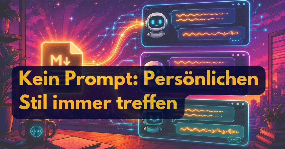 Eine farbenfrohe digitale Illustration mit Roboter-Chatfenstern, leuchtenden Datenleitungen und einem Dateisymbol weist auf KI Kontext Dateien hin. Die deutsche Textüberlagerung lautet: Kein Prompt: Persönlichen Stil immer treffen. Ein gemütlicher Schreibtisch mit Büchern und einer Lampe steht im Vordergrund.