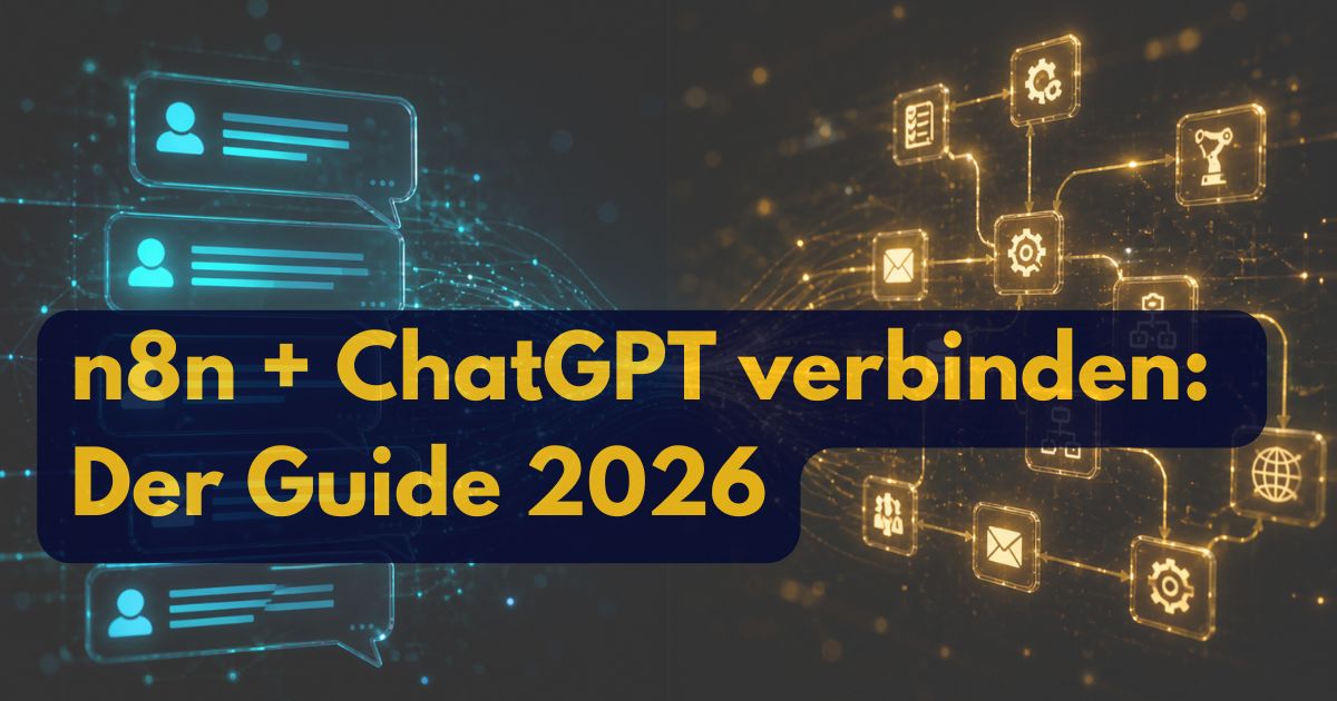 Zwei digitale Netzwerkdiagramme in Blau und Gold erscheinen nebeneinander, überlagert von fettgedrucktem deutschen Text: n8n chatgpt verbinden: Der Guide 2026. Ein dunkler Hintergrund zeigt leuchtende Verbindungslinien, die Automatisierung und Integration hervorheben.