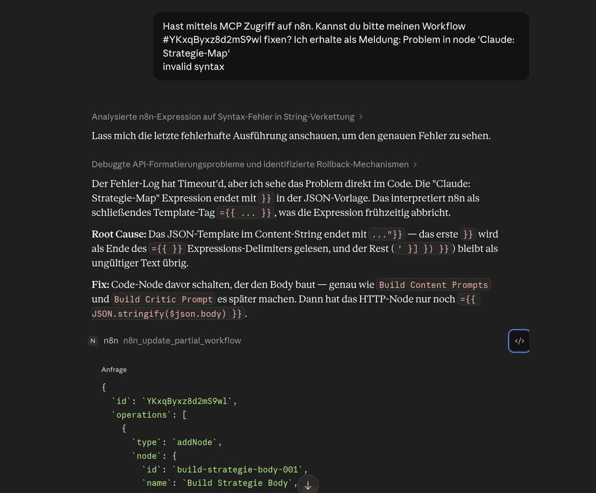 n8n MCP Fehlersuche: Claude analysiert Expression-Syntax-Fehler im Workflow und spielt den Fix automatisch per MCP ein