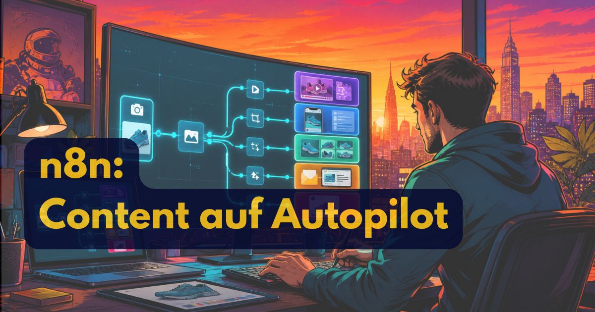 Eine Person sitzt an einem Schreibtisch mit mehreren Monitoren, auf denen Arbeitsabläufe und Bilder angezeigt werden, in einem bunten Stadtbüro bei Sonnenuntergang. Ein großer Text lautet: n8n Content-Automatisierung auf Autopilot. Ein Astronautenposter hängt an der Wand.