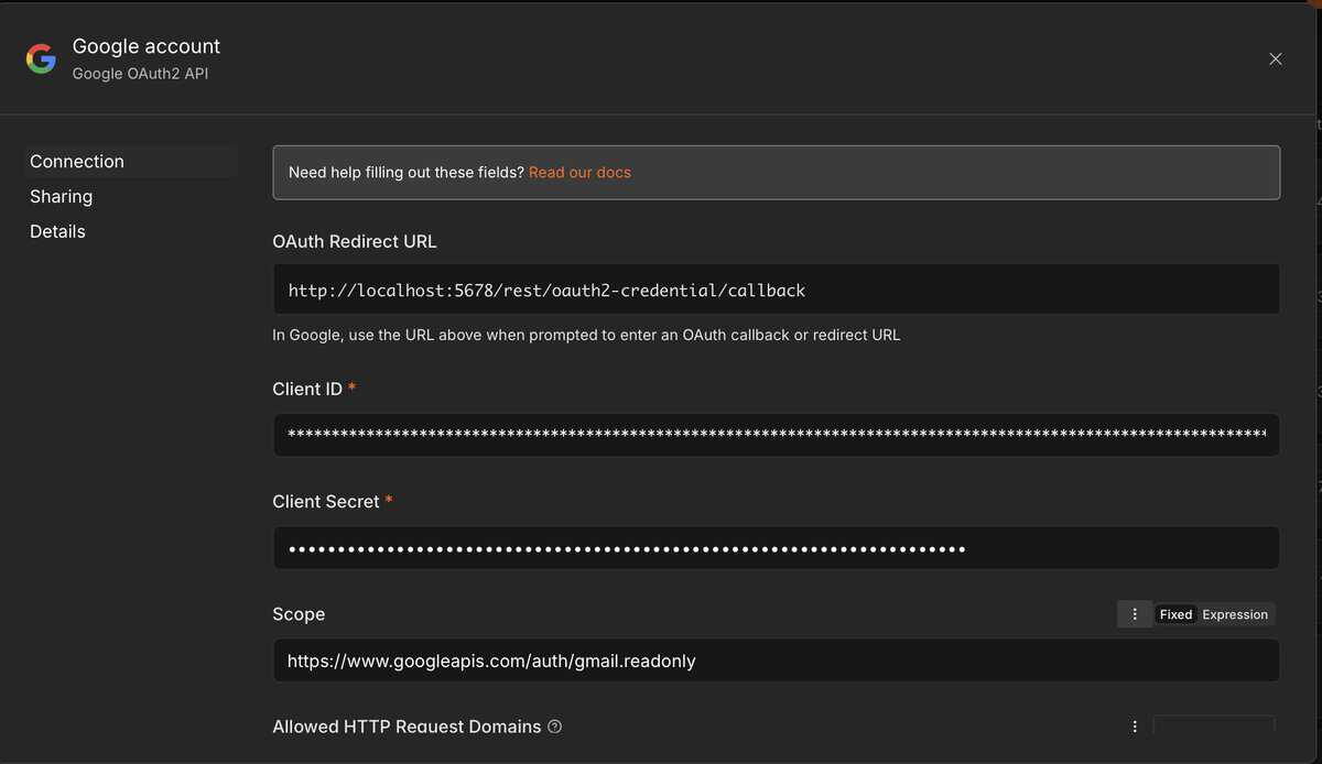 n8n Credentials-Seite mit reduziertem OAuth-Scope für Gmail