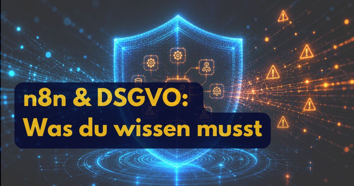 Ein leuchtendes digitales Schild mit Symbolen für Daten und Automatisierung, umgeben von Warnsymbolen. Der überlagerte Text auf Deutsch lautet: "n8n & DSGVO: Was du wissen musst." Perfekt zur Veranschaulichung der n8n-DSGVO-Konformitätsgrundlagen.