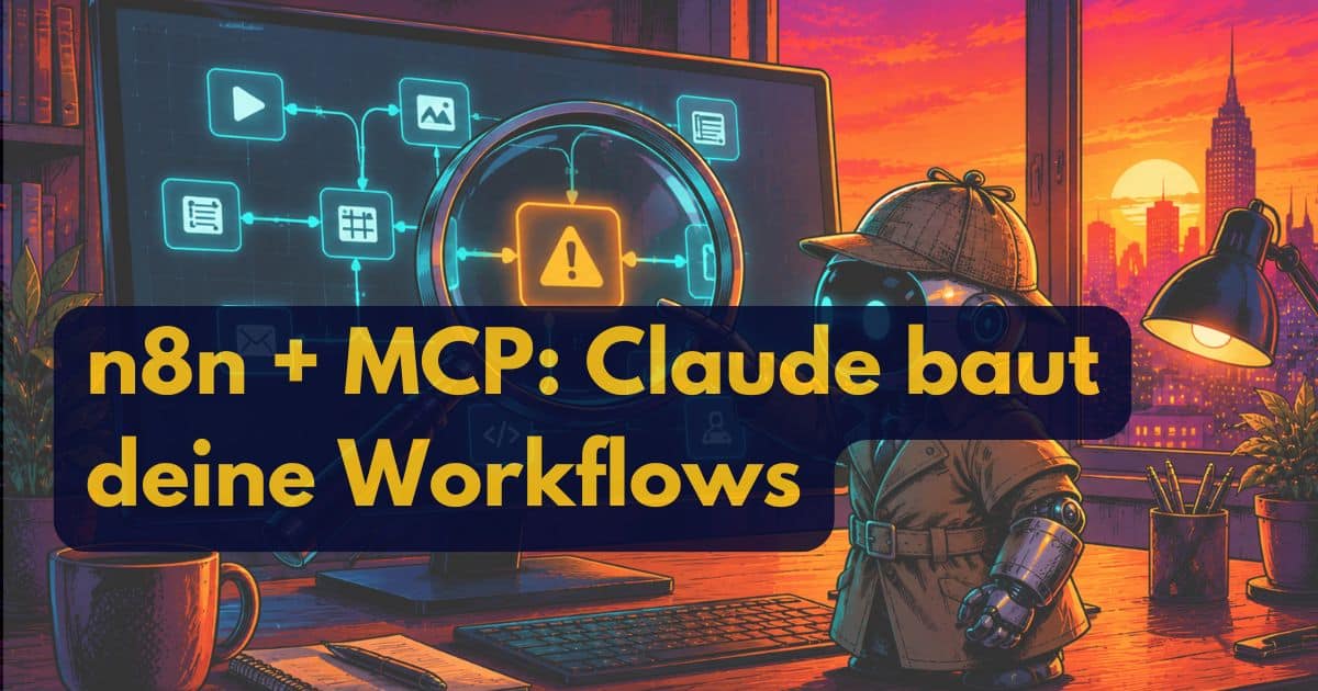 Ein Detektivroboter steht neben einem Computer, der ein n8n-MCP-Workflow-Diagramm anzeigt, über dem der Text "n8n + MCP: Claude baut deine Workflows" eingeblendet ist; durch das Fenster leuchtet ein Sonnenuntergang in der Stadt.