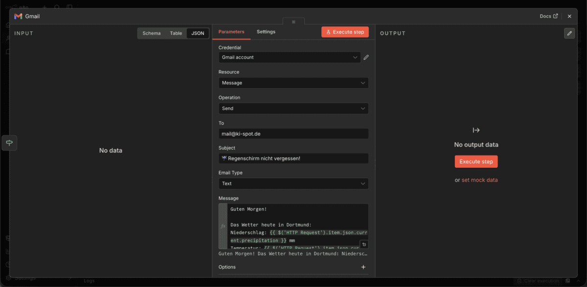 Gmail Node in n8n konfiguriert