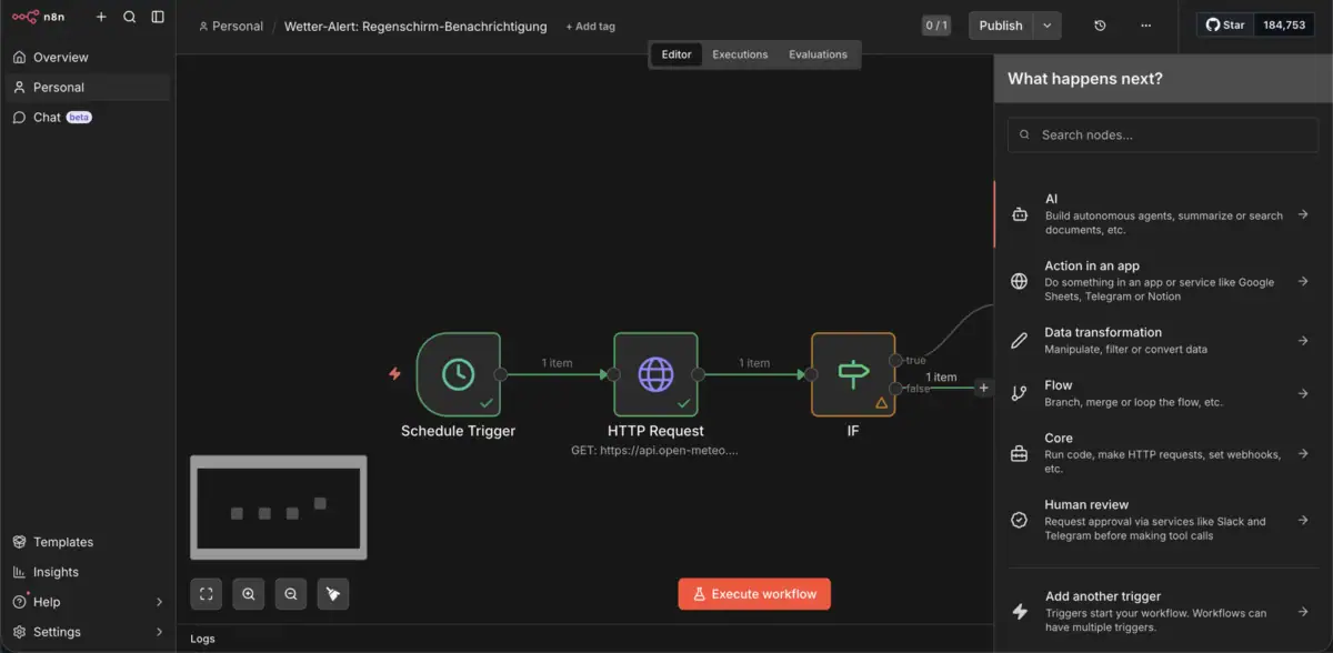 Node-Auswahl-Panel in n8n mit Trigger, Action und Core Nodes