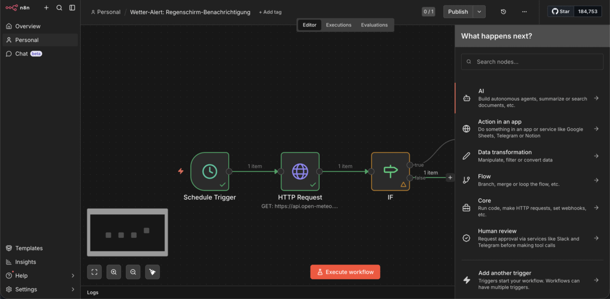 Node-Auswahl-Panel in n8n: Trigger, Action und Core Nodes in der Übersicht