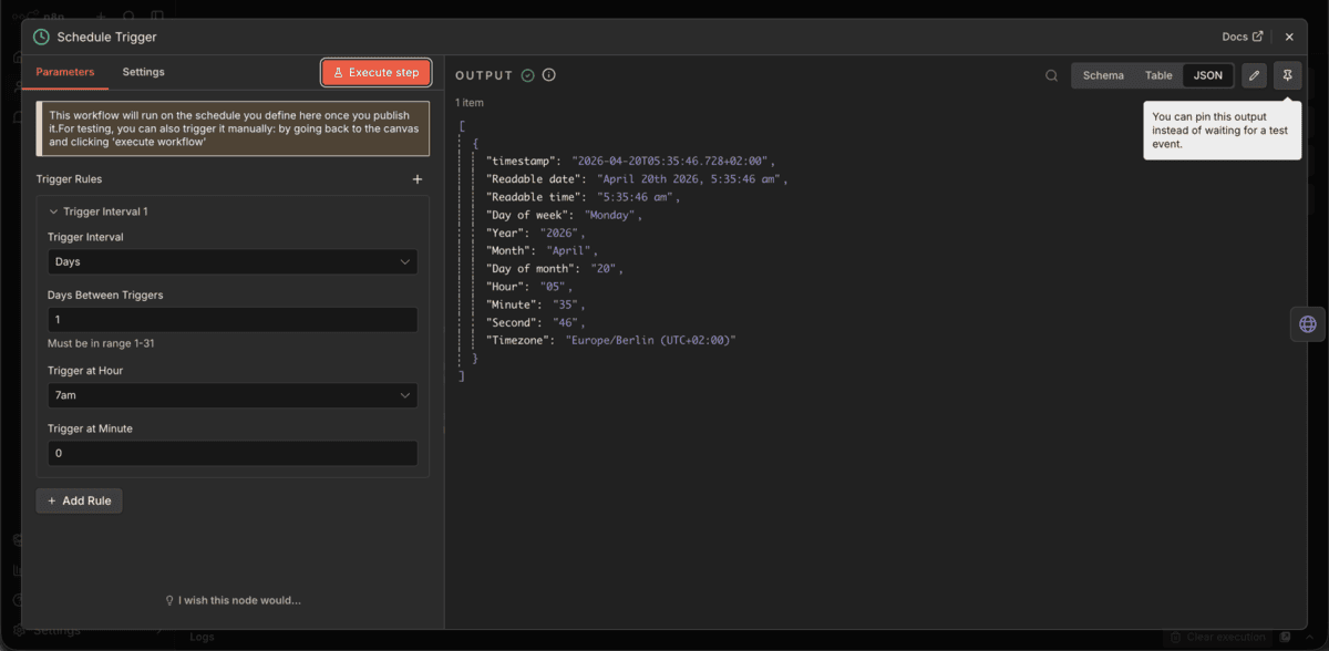 Schedule Trigger Node in n8n geöffnet