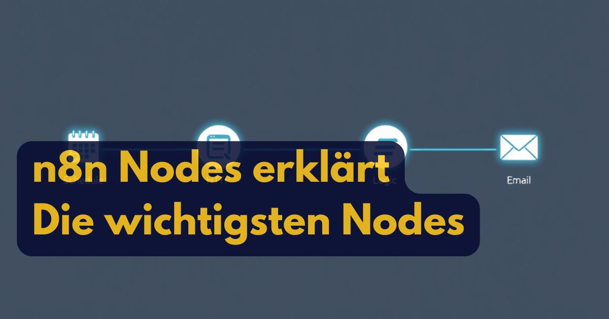 Dunkelblauer Hintergrund mit Symbolen für Kalender, Dokument und E-Mail, die durch Linien verbunden sind. Der überlagerte gelbe Text lautet: n8n Nodes erklärt - Die wichtigsten Nodes. Perfektes Visual für das Verständnis von n8n erklärt und die wichtigsten Nodes interaktiv.
