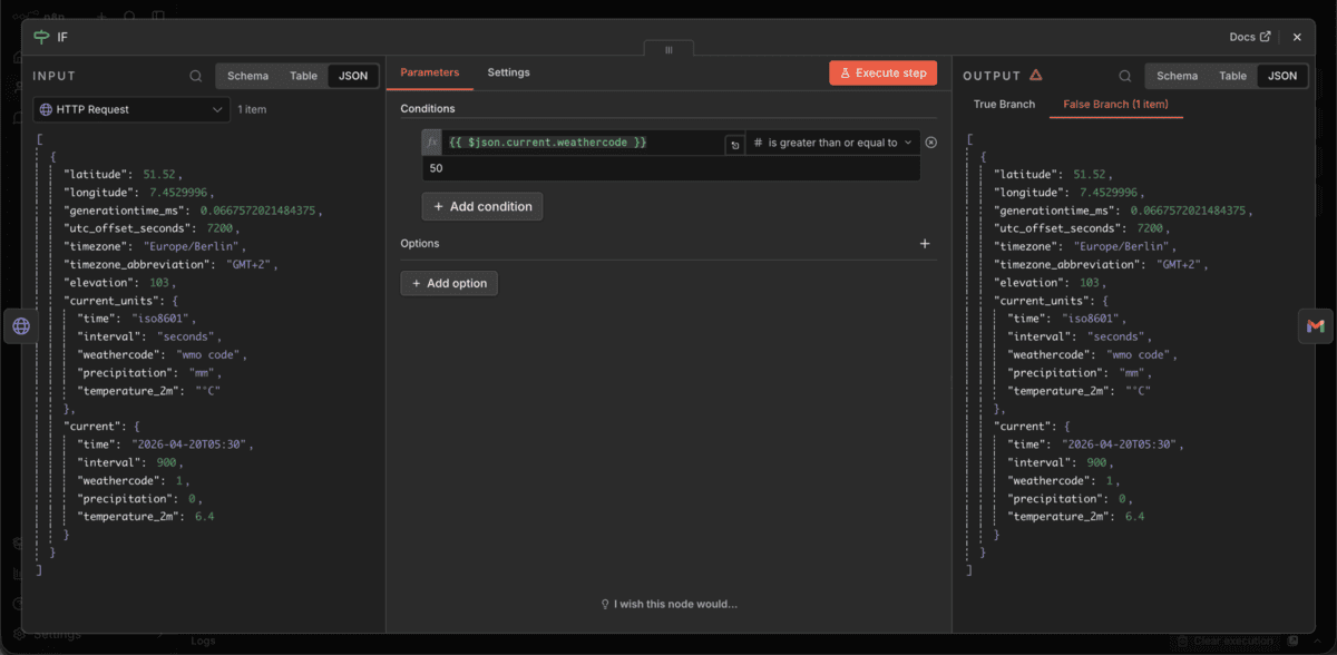 IF Node in n8n mit einer Bedingung