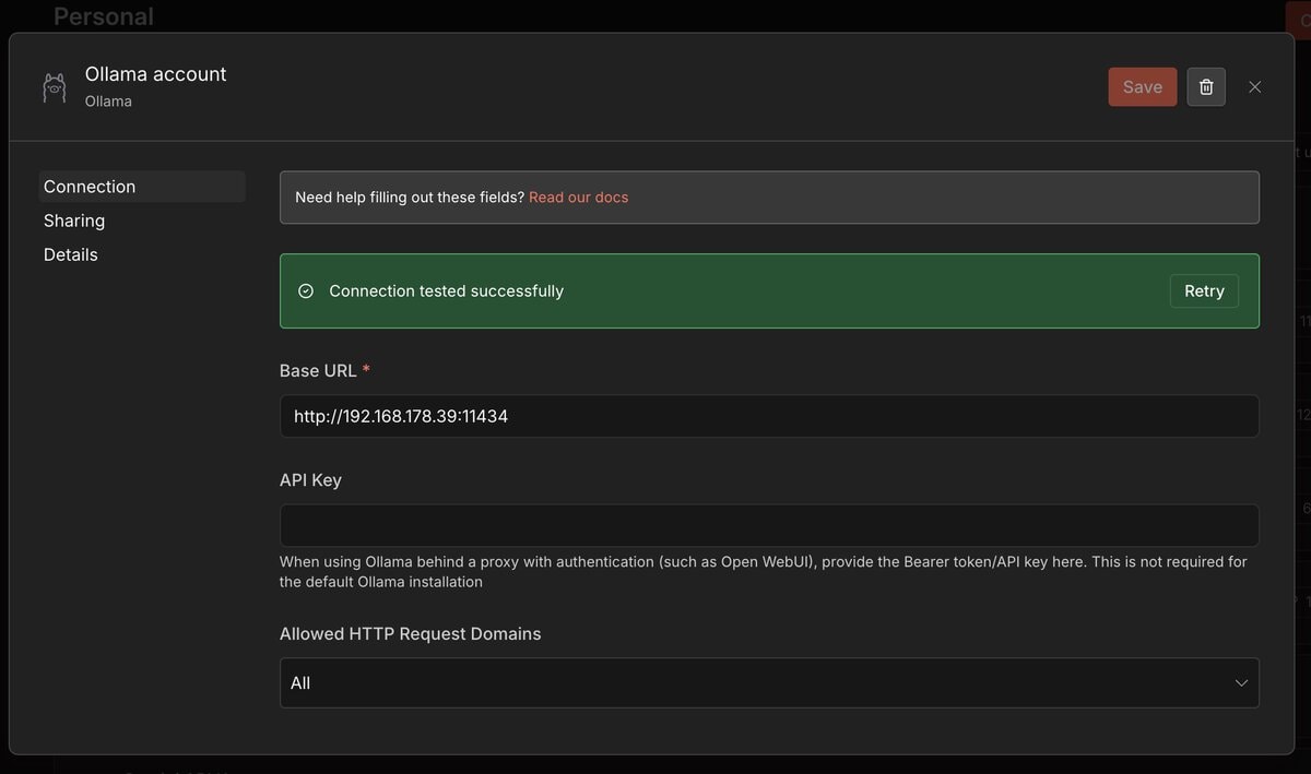Ollama Credential in n8n: Base URL auf localhost:11434 gesetzt