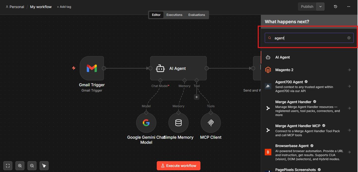Agent Node in n8n suchen: AI Agent in der Node-Suche eingeben
