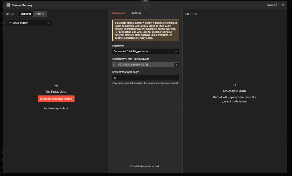 Screenshot der Oberfläche der Simple Memory-App mit Optionen für Mapping und Flow. Das mittlere Feld zeigt n8n Einstellungen für einen Gmail-Trigger-Knoten an, mit Schaltflächen zum Ausführen und Anzeigen von Eingabedaten - ideal für eine Schritt-für-Schritt-Anleitung.