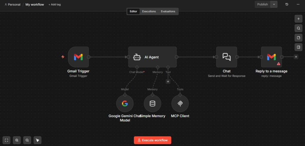 Ein Workflow-Editor in n8n zeigt eine Schritt-für-Schritt-Anleitung an: Gmail Trigger, KI-Agenten (mit Speicher und Tools wie Google Gemini, ChatSimple Memory Model, MCP Client), und Antwort auf eine Nachricht, alle durch Pfeile verbunden. Darunter befindet sich die Schaltfläche Workflow ausführen.