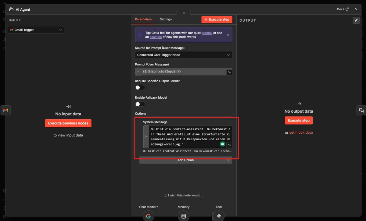 System Prompt Feld im n8n Agent Node mit Beispiel-Prompt