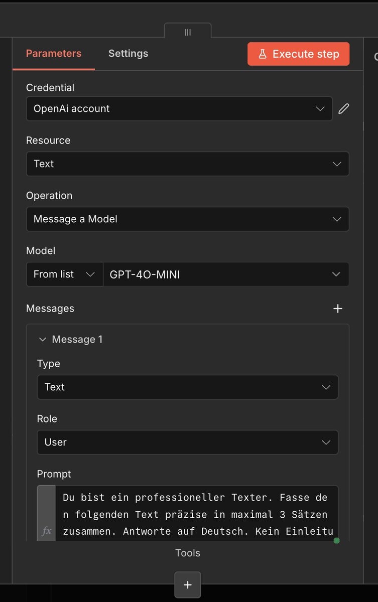 OpenAI Node in n8n konfiguriert mit GPT-4o-mini, Credential und Prompt