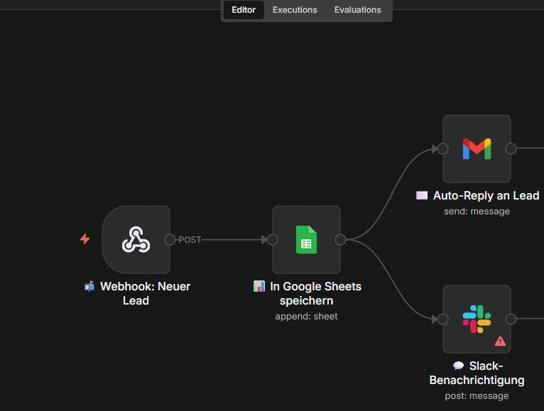 Ein Flussdiagramm auf dunklem Hintergrund zeigt einen n8n-Workflow für einen neuen Lead-Webhook, das Speichern von Daten in Google Sheets und das anschließende Versenden von Auto-Antworten über Gmail und Benachrichtigungen über Slack in einer klaren Schritt-für-Schritt-Anleitung.