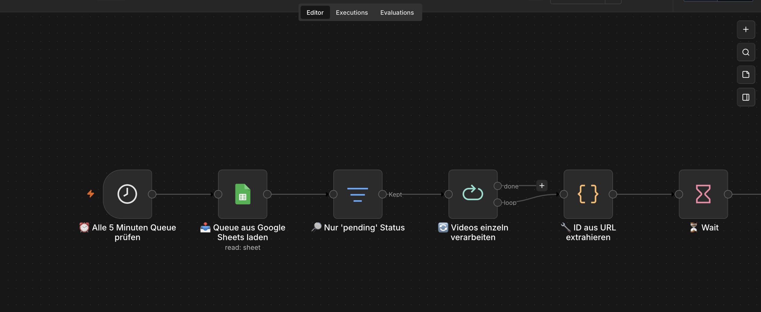 Eigener n8n-Workflow: Schedule Trigger, Google Sheets laden, Filter auf pending Status, Videos einzeln verarbeiten