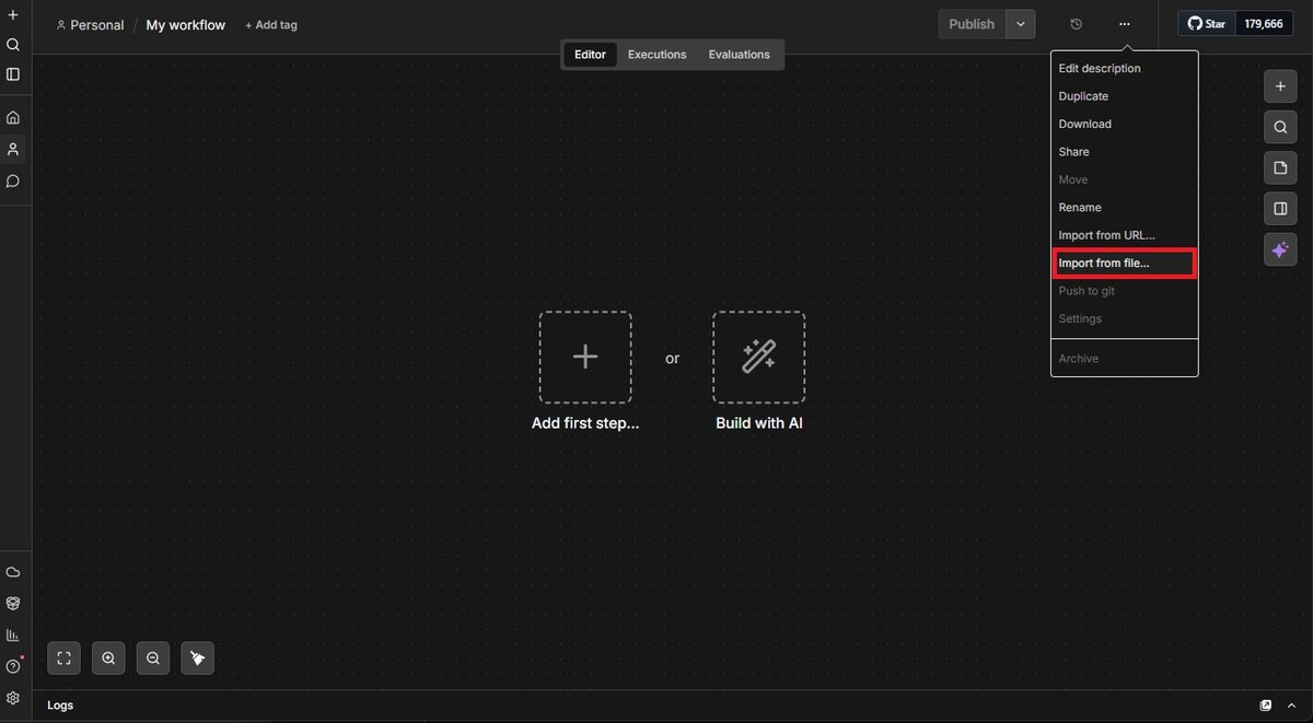 n8n Workflow-Übersicht
   mit geöffnetem Kontextmenü, Import from file ist markiert