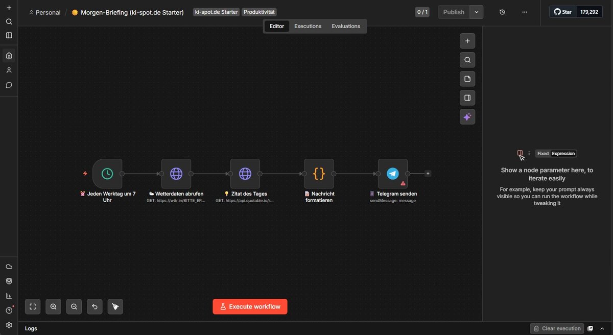 Importierter Morgen-Briefing-Workflow auf dem n8n Canvas