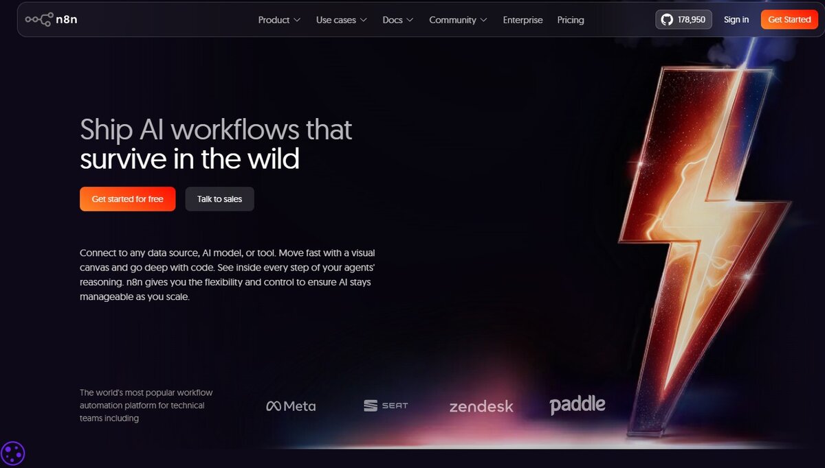 n8n.io Startseite mit dem Get started free Button