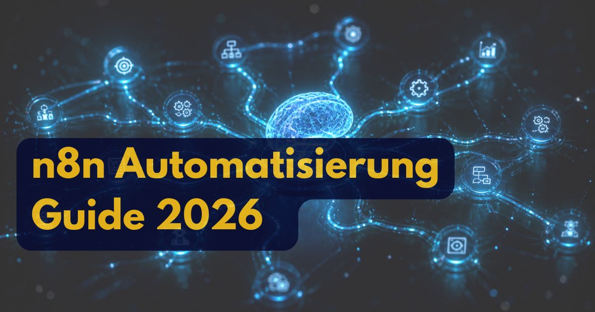 Ein leuchtendes digitales Gehirn ist mit mehreren Symbolen verbunden, die Automatisierung, KI-Agenten und Arbeitsabläufe darstellen. Der überlagerte Text lautet: n8n Automatisierung Guide 2026 in gelber Schrift auf dunklem Hintergrund.
