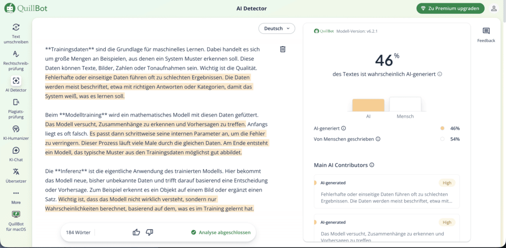 Screenshot der Schnittstelle des QuillBot AI Detector, der deutschen Text analysiert. Es zeigt, dass 46 % des Textes wahrscheinlich von KI generiert wurden. Die Erkennungsergebnisse sind auf der rechten Seite zu sehen, während der deutsche Eingabetext auf der linken Seite hervorgehoben und in Abschnitte unterteilt ist.