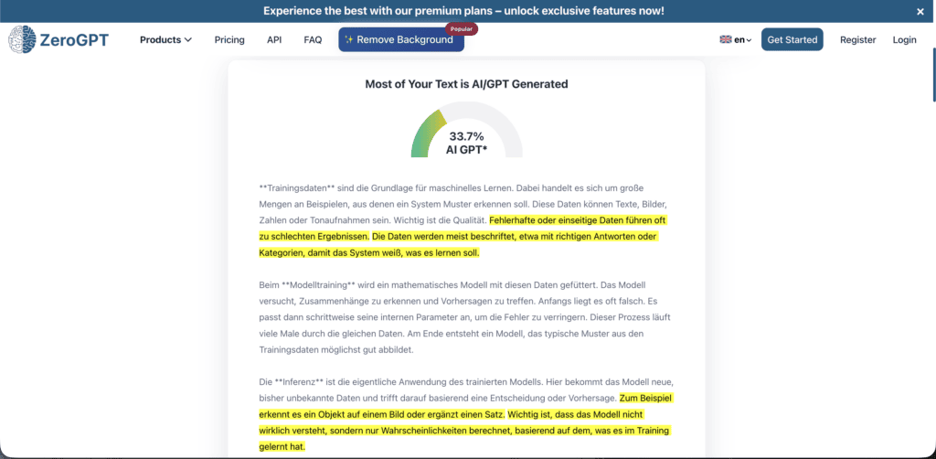 Ein Screenshot der ZeroGPT-Website zeigt die Ergebnisse der KI-Erkennung: 33,7 % KI-GPT für deutschen Text. Mehrere Sätze im Text sind gelb hervorgehoben. Die Navigationsoptionen erscheinen oben auf der Seite.